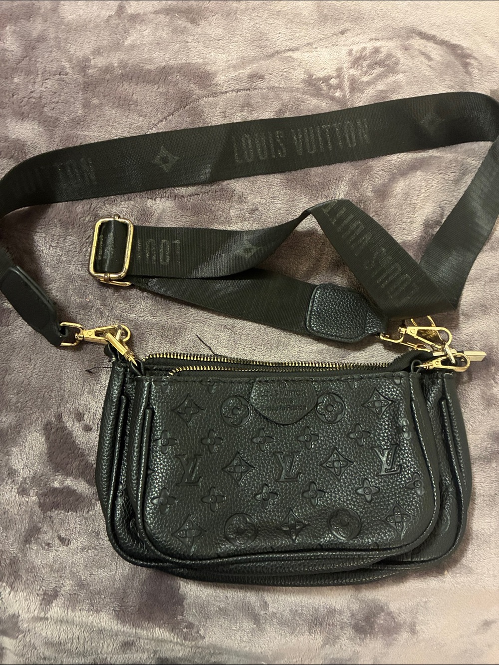 Louis Vuitton style Black Embossed Leather Crossbody Bag Set